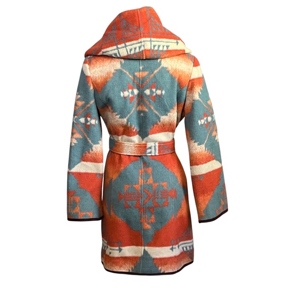 Tasha Polizzi Southwestern Wrap Blanket Coat Size Small Orange Turquoise Aztec - Picture 8 of 16